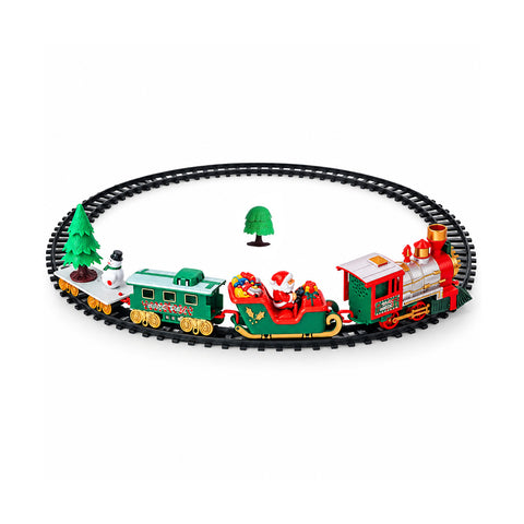 Elektronische Weihnachtseisenbahn mit modularer Strecke, Schlitten des Weihnachtsmanns und Waggon, Lichtern und Geräuschen, 3 Streckenkonfigurationen, 22 Teile