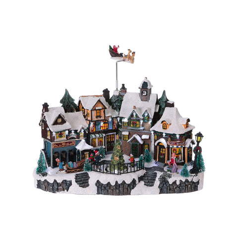 Animiertes Weihnachtsdorf Helsinki mit LED-Lichtern und Weihnachtsmusik, verschneite Häuschen aus Polyresin, winterliche Dekoration 22,5x32,5x21,5 cm