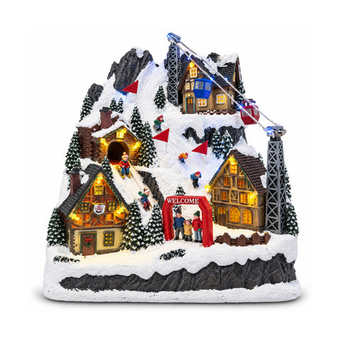Beleuchtetes Weihnachtsdorf mit beweglicher Rutsche, Seilbahn, LED-Lichtern und Weihnachtsmusik – 28x19x32 cm