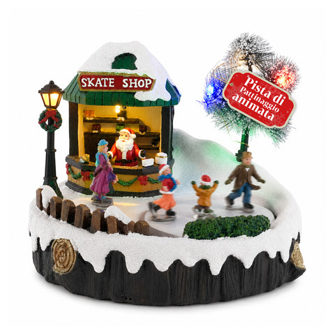 Beleuchtetes Weihnachtsdorf GlideRink, animierte Eislaufbahn mit Musik und LED-Lichtern, Dekoration aus Kunstharz, 20,8x20,7x17,2 cm, batteriebetrieben mit AA-Batterien