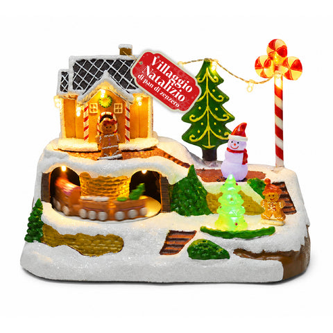 Leuchtendes Weihnachtsdorf Candy Town mit fahrendem Zug und 8 Melodien, LED-Lebkuchenhaus, Weihnachtsdekoration 23,5 cm