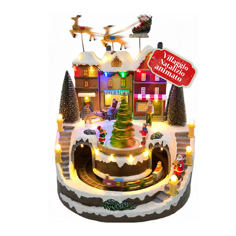 Leuchtendes Weihnachtsdorf Xmas Town mit Batteriebetrieb, LED-Lichtern, Musik, drehbarem Baum, fahrendem Zug und dem Schlitten des Weihnachtsmanns, 27x25x34 cm