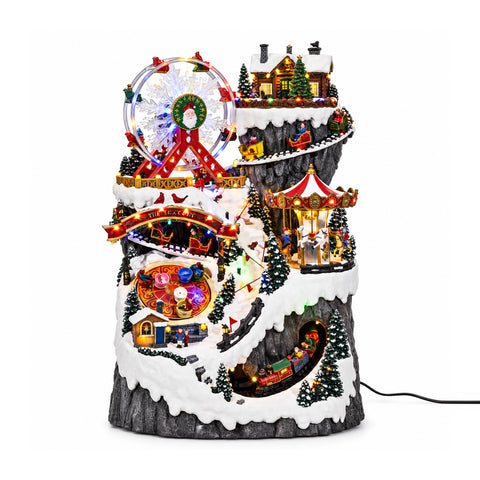Leuchtendes und musikalisches Weihnachtsdorf mit Berglandschaft und Fahrgeschäften, H76 cm