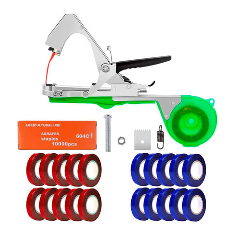 Professionelles Pflanzenbindegerät aus Stahl mit Set aus 40 zweifarbigen Bändern und 10.000 Klammern – 31 cm