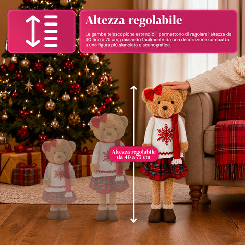 Saint Joy ausziehbarer Weihnachtsteddybär 40 75 cm mit Teleskopbeinen und Eisenstruktur 2 Outfits verfügbar EAN 8056819079555