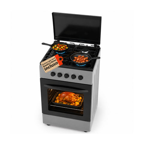 Gasherd 50x50 cm mit 49-Liter-Gasbackofen, 4 Kochfeldern mit unterschiedlicher Leistung, Sicherheitsventilen und Abdeckung
