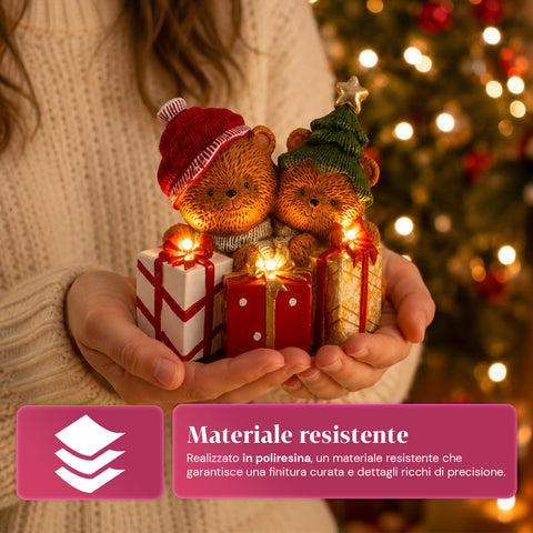 saint joy orsetto natalizio in poliresina con pacco regalo 2 varianti luci led puntuali alimentazione a batterie finiture curate base stabile ean 8050043127846