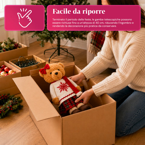 Saint Joy ausziehbarer Weihnachtsteddybär 40 75 cm mit Teleskopbeinen und Eisenstruktur 2 Outfits verfügbar EAN 8056819079555