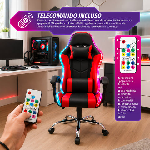 Nexor ergonomischer Gaming-Stuhl mit RGB-Beleuchtung und Massage-Lendenkissen, verstellbarer Bürosessel mit Fernbedienung EAN 8056819078855