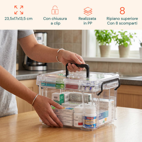 avilia home transparenter Medikamentenorganizer mit 2 Ebenen Griff und Clipverschluss 8 obere Fächer 235x17x135 cm ean 8052879011375