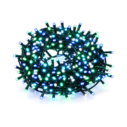 saint joy catena luminosa 180 led programmabile per interno esterno luci di natale con 8 giochi luce 7 colori disponibili cavo verde e trasformatore incluso ean 8056819081411