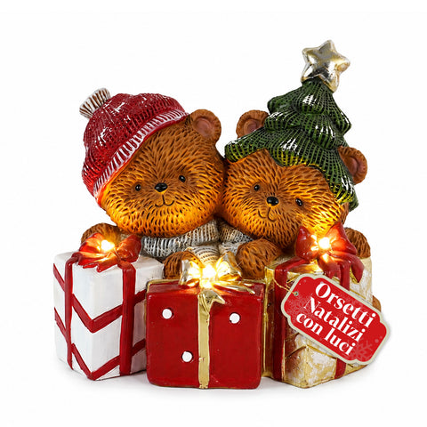 saint joy orsetto natalizio in poliresina con pacco regalo 2 varianti luci led puntuali alimentazione a batterie finiture curate base stabile ean 8050043127846