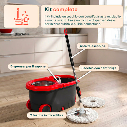 Avilia Home 360 Grad Rotationsmopp Set mit 14 l Eimer 46 x 27 x 22 cm und Stahlschleuder inklusive 2 Mikrofaserbezügen Seifendosierer und Teleskopstiel universelles Bodenwischset mit Rädern und Ablass EAN 8052879013140