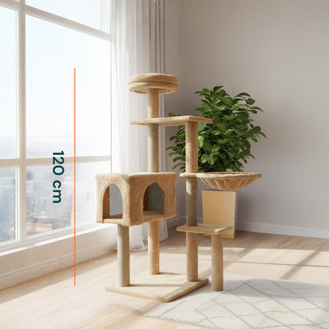 puppy lovers 120 cm hoher Kratzbaum für Katzen mit Schlafhöhle und mehrstöckiger Hängematte verschiedene Farben EAN 8054806950542