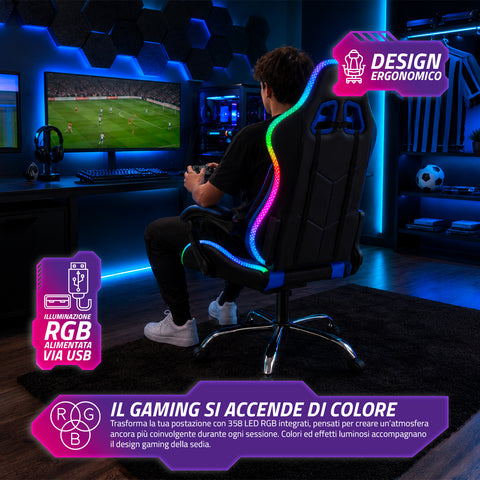 Nexor ergonomischer Gaming-Stuhl mit RGB-Beleuchtung und Massage-Lendenkissen, verstellbarer Bürosessel mit Fernbedienung EAN 8056819078855