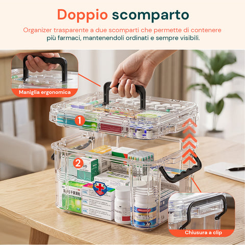 avilia home transparenter Medikamentenorganizer mit 2 Ebenen Griff und Clipverschluss 8 obere Fächer 235x17x135 cm ean 8052879011375