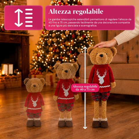 Saint Joy ausziehbarer Weihnachtsteddybär 40 75 cm mit Teleskopbeinen und Eisenstruktur 2 Outfits verfügbar EAN 8056819079555