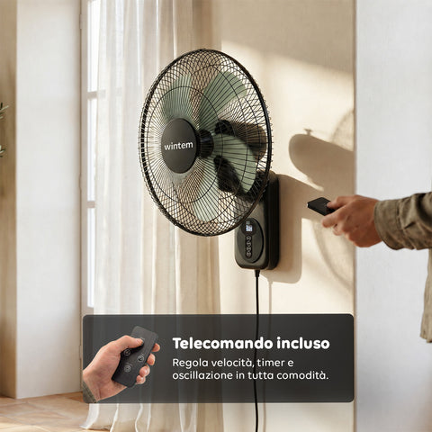 Wintem Barrow schwarzer Wandventilator 40 cm 60 W 8 Geschwindigkeiten mit Fernbedienung und 9 Stunden Timer 120 Grad Oszillation und 30 Grad Neigung EAN 8056819040210
