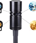Funktionsschema des Mini-Projektors mit austauschbaren Linsen für Erde und Mond, kompaktem schwarzem Gehäuse und professionellem technischem Design