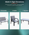 Zusammenstellung des 4-teiligen Gartenmöbel-Sets: 1 Zweisitzer-Sofa, 2 Stühle und 1 Tisch mit Glasplatte - Komplette Outdoor-Einrichtung, ideal für Grillabende und Aperitifs auf der Terrasse