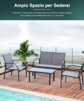 4-sitziges Gartenmöbel-Set mit viel Platz zum Sitzen - Outdoor-Lounge mit Sofa und Sesseln aus grauem Textilgewebe auf einer Terrasse mit Meerblick und Pool