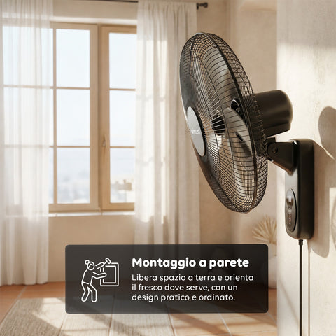 Wintem Barrow schwarzer Wandventilator 40 cm 60 W 8 Geschwindigkeiten mit Fernbedienung und 9 Stunden Timer 120 Grad Oszillation und 30 Grad Neigung EAN 8056819040210