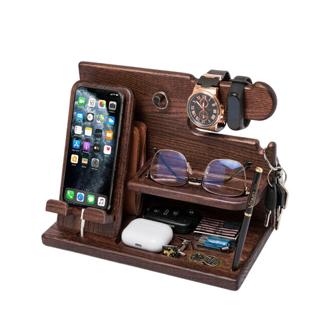 Schreibtisch-Organizer aus Holz mit Smartphone-Halter und Uhrenständer – inklusive Fach für das Ladekabel – 25,5x15x18,5 cm