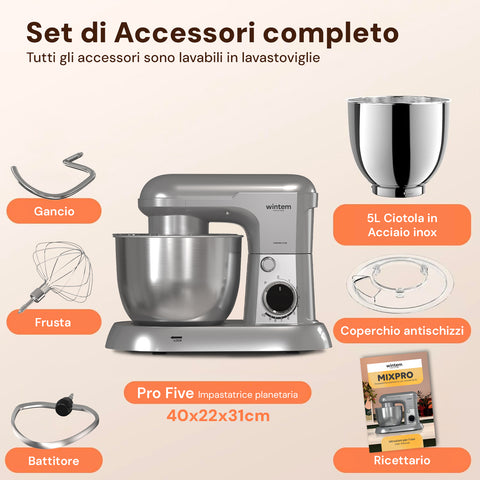 Avilia Planetenrührmaschine 1500 W, Edelstahlschüssel 5 l, 10 Geschwindigkeitsstufen, mit Rezeptbuch, Zubehör und Impulsfunktion, Silber, EAN 8056819047578