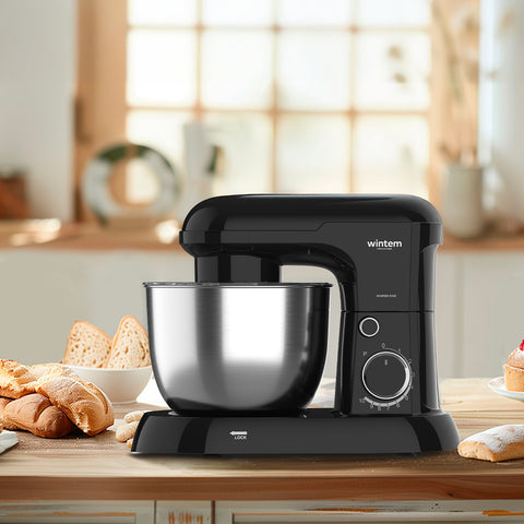 Avilia Planetenrührmaschine 1500 W, Edelstahlschüssel 5 l, 10 Geschwindigkeitsstufen, mit Rezeptbuch, Zubehör und Impulsfunktion, Schwarz, EAN 8056819047578