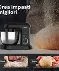Avilia Planetenrührmaschine 1500 W, Edelstahlschüssel 5 l, 10 Geschwindigkeitsstufen, mit Rezeptbuch, Zubehör und Impulsfunktion, Schwarz, EAN 8056819047578