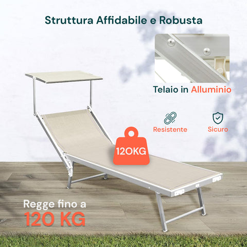Faltbare Sonnenliege aus Aluminium mit Sonnenschutz, 183x61x38 cm, beige