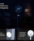 Integriertes Nachtlicht mit 40 cm großen Flügeln, automatischer horizontaler Oszillation bis zu 90 Grad und leisem Betrieb