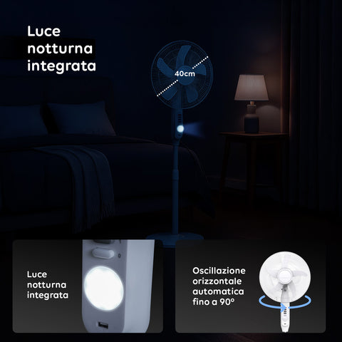 Integriertes Nachtlicht mit 40 cm großen Flügeln, automatischer horizontaler Oszillation bis zu 90 Grad und leisem Betrieb