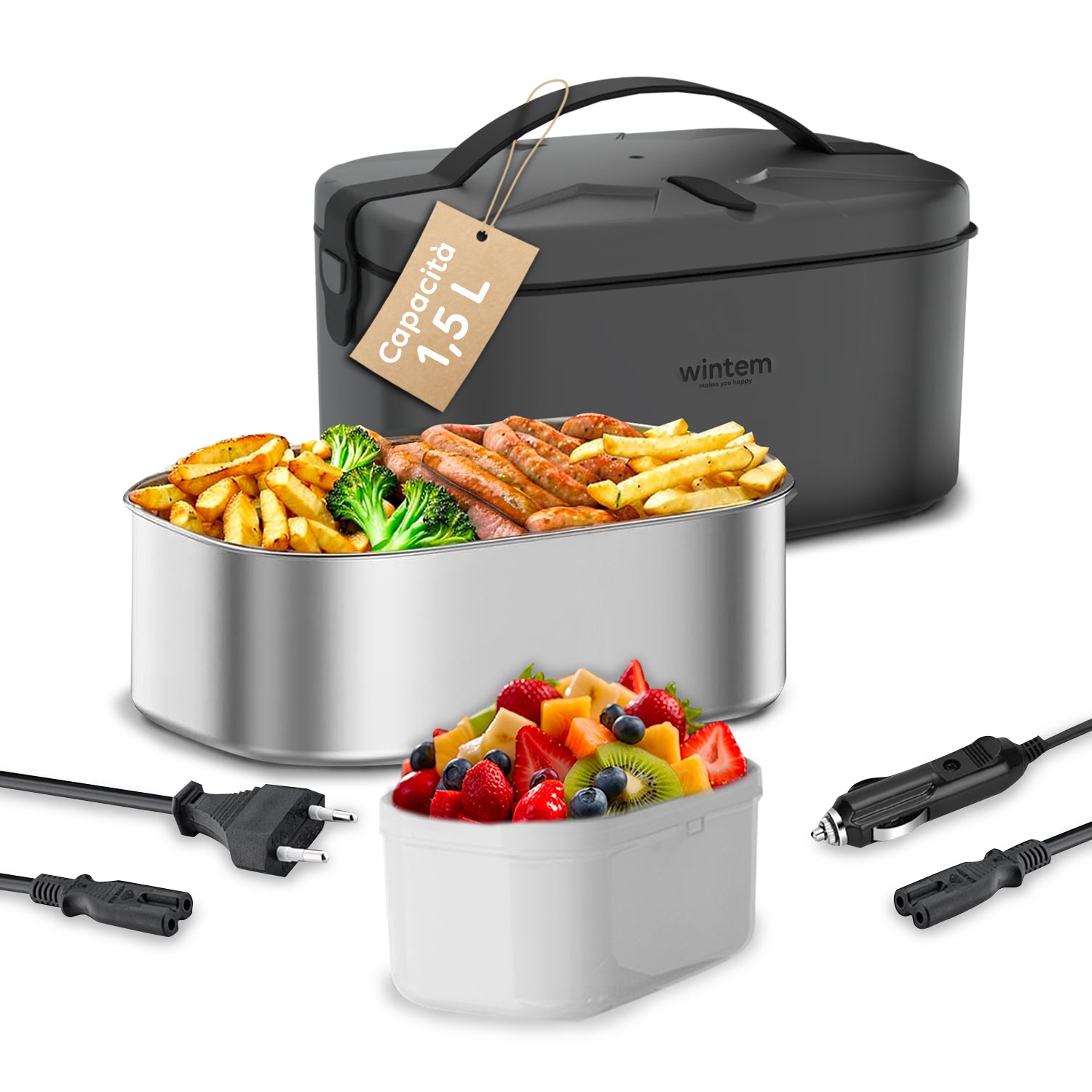 Komplettes elektrisches 1,5-L-Lunchbox-Set mit Edelstahlbehältern, zwei Stromkabeln für Zuhause und Auto sowie Obstbehälter