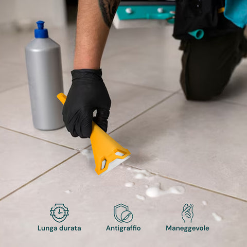Langlebiger, kratzfester und handlicher Schaber für den professionellen Einsatz, mit Schutzhandschuhen für Arbeiten auf Böden