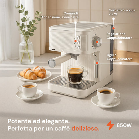 Leistungsstark und elegant für köstlichen Kaffee: 2-l-Wassertank, einstellbare Milchaufschäumdüse und professionelle 850-W-Düse