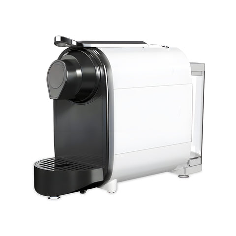 Elegante beige DCG-Kaffeemaschine in einer modernen Küche, bereitet perfekten Espresso in einer Glastasse zu, raffiniertes Design