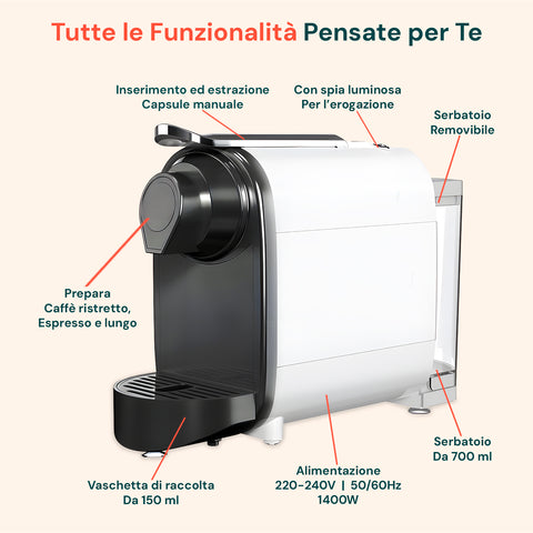 DCG-Kaffeemaschine mit allen Funktionen, die für Sie entwickelt wurden: manuelles Einlegen und Entnehmen der Kapseln, Kontrollleuchte für die Ausgabe, abnehmbarer Wassertank