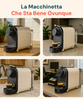 DCG-Kaffeemaschine, die überall gut aussieht, in 4 verschiedenen modernen Küchenumgebungen gezeigt, elegante beige Farbe