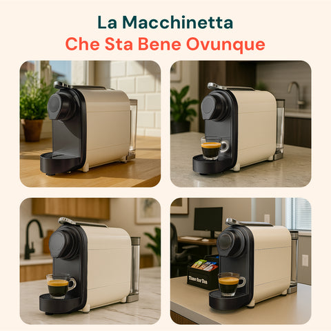 DCG-Kaffeemaschine, die überall gut aussieht, in 4 verschiedenen modernen Küchenumgebungen gezeigt, elegante beige Farbe