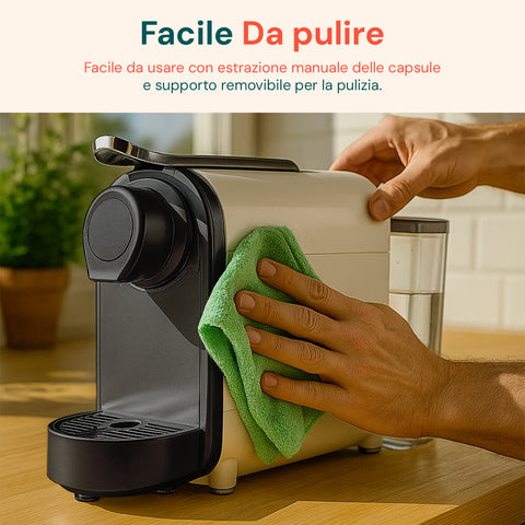 Leicht zu reinigende DCG-Kaffeemaschine mit manueller Kapselentnahme und abnehmbarem Halter zur Reinigung, grünes Mikrofasertuch