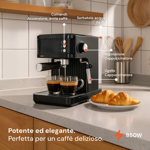 Leistungsstark und elegant, perfekt für köstlichen Kaffee, Ein-/Ausschalter, 2-l-Wassertank und Milchaufschäumdüse
