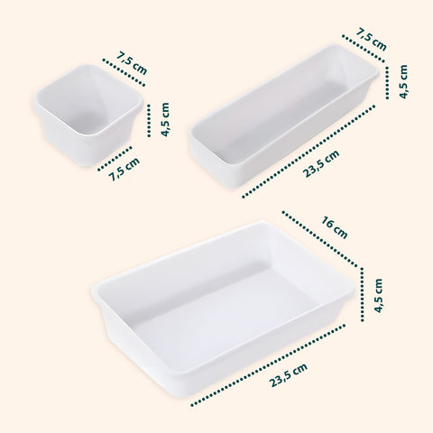 Organizer mit präzisen Abmessungen: 7,5 x 7,3 cm, 23,4 x 7,3 cm und 23,7 x 15,8 cm große modulare Behälter für perfekt organisierte Schubladen