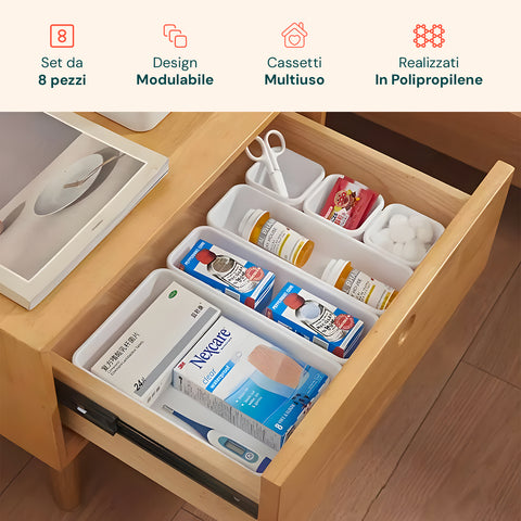 Organizer-Set mit 8 Teilen und modularem Design für vielseitige Schubladen, aus robustem Polypropylen, in 3 Farben erhältlich