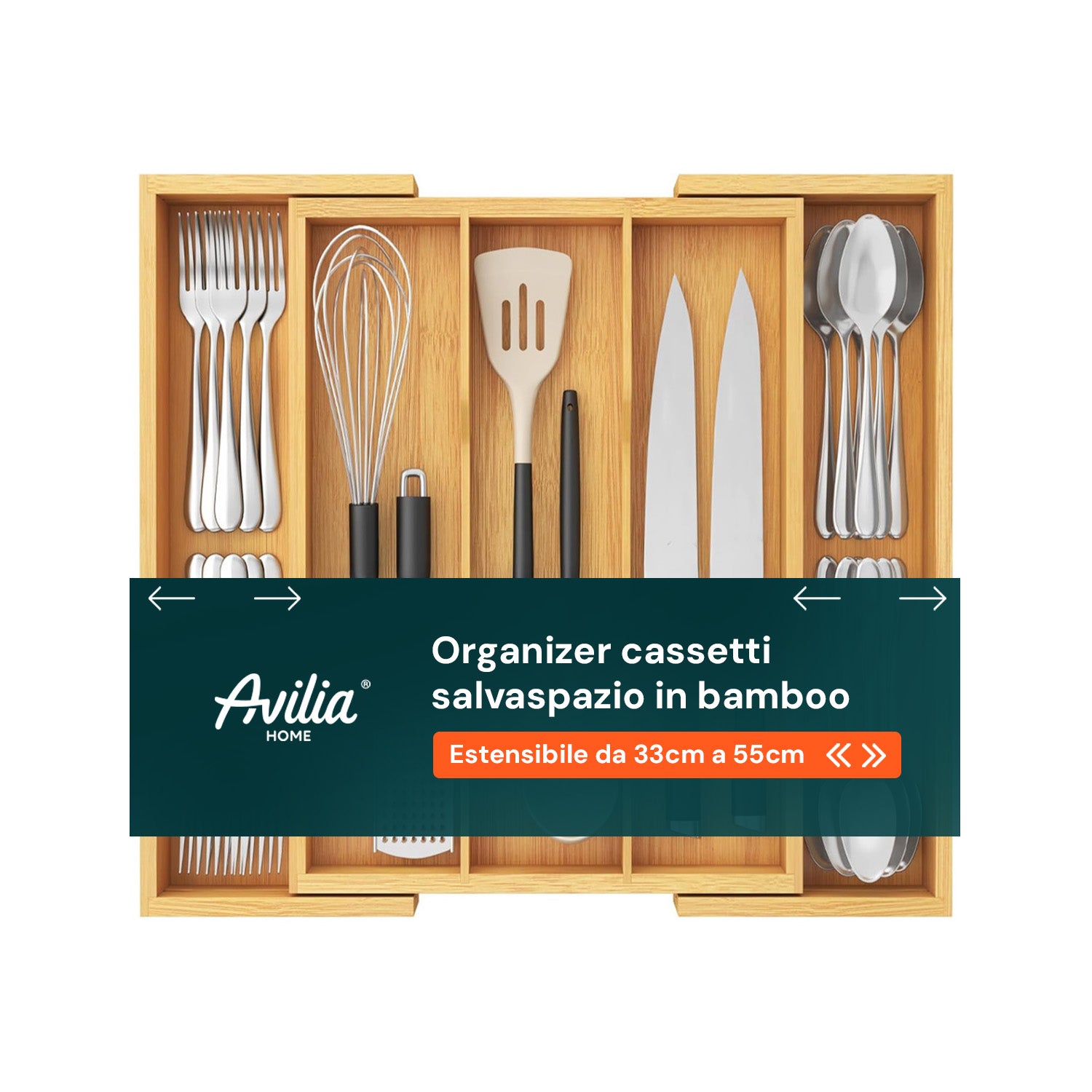 Avilia Besteckkasten-Organizer aus ausziehbarem Bambus, 5 Fächer, platzsparend, vielseitig einsetzbar, EAN 8056819052657