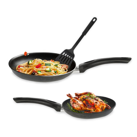 Set aus 2 antihaftbeschichteten Pfannen 20-24 cm und gelochtem Pfannenwender – Linie Augusta mit Marmoreffekt