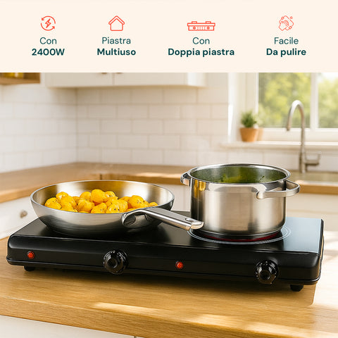 Vielseitiger Kocher mit zwei leicht zu reinigenden Kochplatten für die moderne Küche, kompaktes 2400-W-Design für effizientes und kontrolliertes Kochen