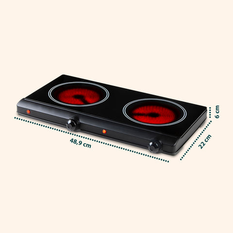 Infrarotkochfeld mit zwei Kochplatten im eleganten schwarzen Design, 2400 W für hohe Leistung und modernen Stil in der Küche