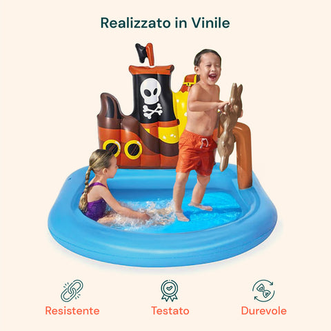 Aufblasbarer Pool in Form eines Piratenschiffs mit Spielen und Zubehör für Kinder, 140 x 130 cm, EAN-6942138934519