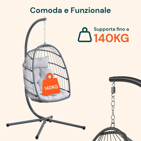 Hängesessel Gaia Grey aus grauem Polyrattan mit Stahlgestell, Kissen und einer Tragfähigkeit von 140 kg, EAN 8023755069100